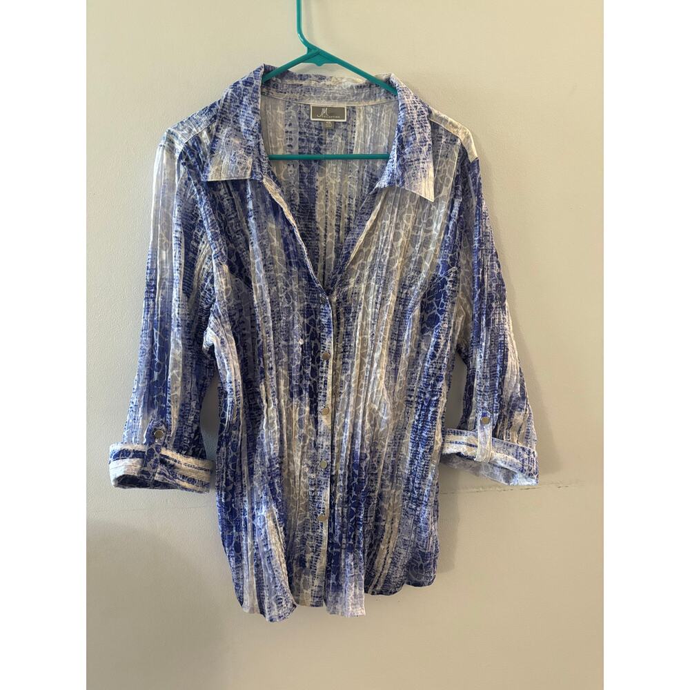 JM Collection Womens Blue Semi Sheer Button Down Size XXL Blue Striped Coastal